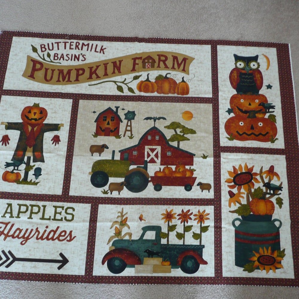 Cotton Fabric Panel Pumpkin Farm Fall Autumn Quilting Sewing Harvest